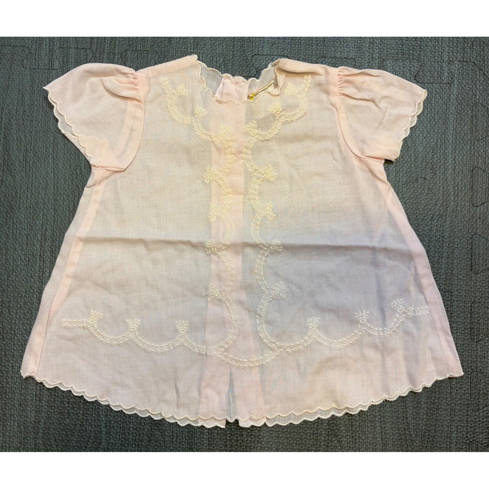 Vintage Baby Togs Dress Gown 0-6 Months Pink Embroidered Scalloped Sheer Pastel